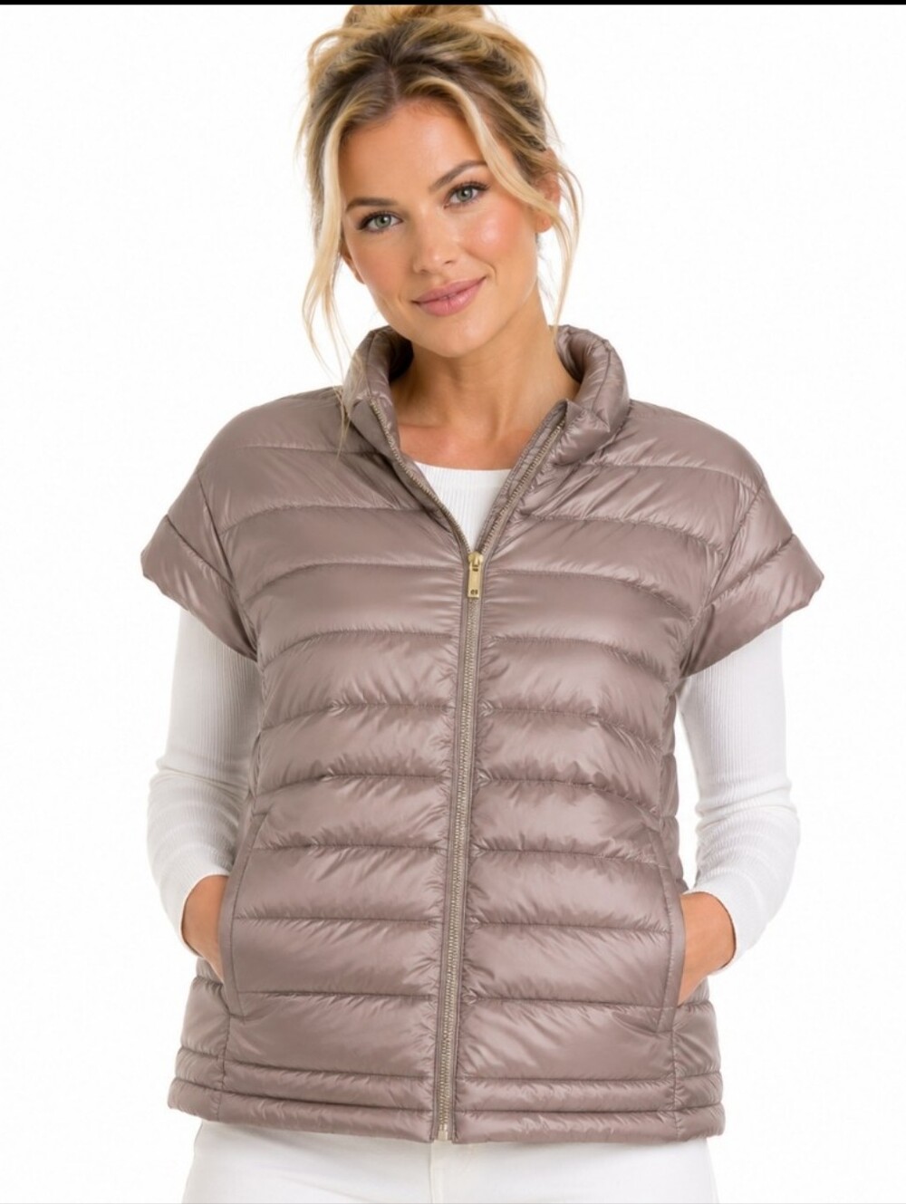 NWT Martha Stewart Down Puffer Vest Jacket Taupe Plus Full Zip Cap Sleeve Sz 3X